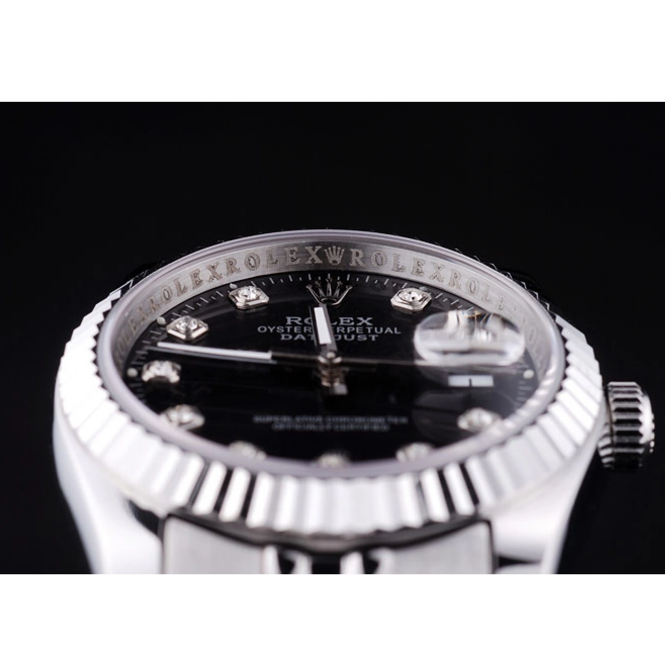Aaa replica watch Rolex 7458 Black Datejust Ribbed Bezel Diamonds Dial 0731